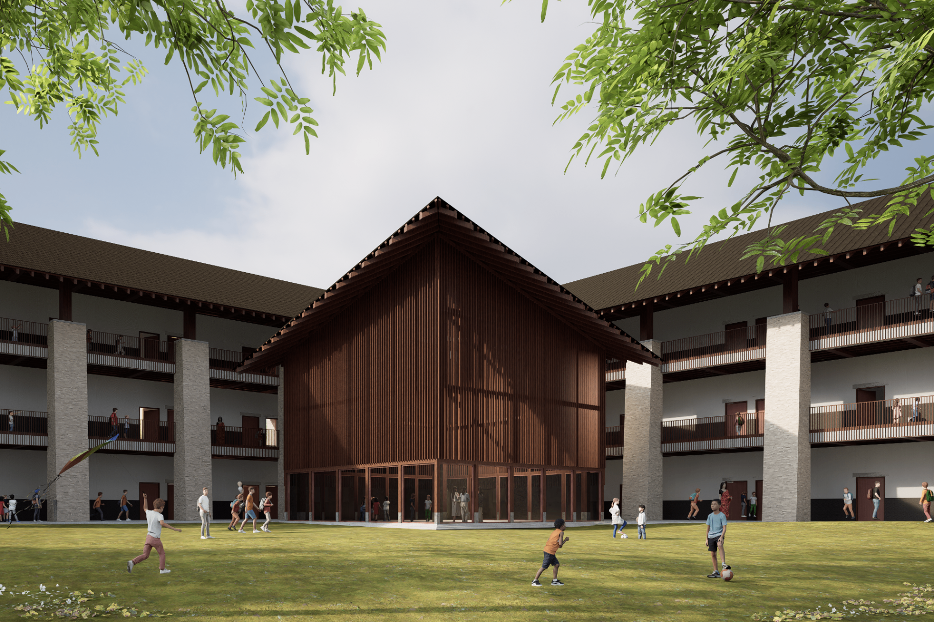 Architectural rendering of the school's central courtyard with children playing